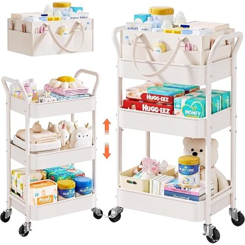 White 3 Tier Rolling Diaper Caddy Cart with Wheels,3in1 Detachable Dividers