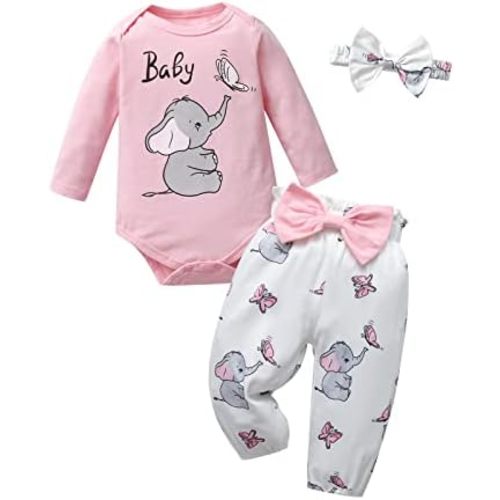 Kulcerry Newborn Baby Girl Clothes Infant Girls Elephant Printed Bodysuit Pants Headband 3 Pcs Outfits Set