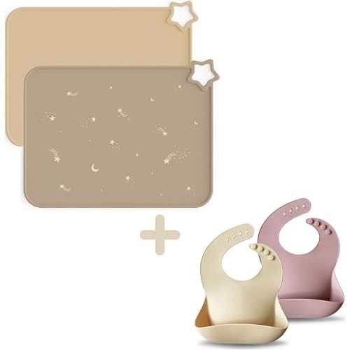 Moonkie Silicone Placemats 2 Pack and Baby Bibs Set 2 Pack, Stain-Proof Non-Slip Toddler Food Mats and BPA Free Waterproof Adjustable Silicone Bibs for Babies, Bundle
