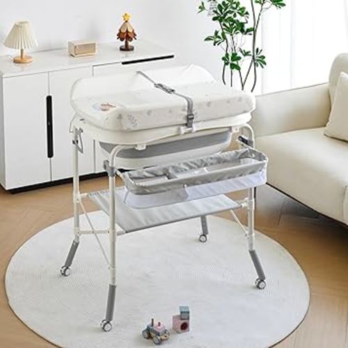 2-in-1 Baby Bathtub with Changing Table, Foldable Diaper Changing Station with 4 Wheels, Waterproof Pad, Storage Rack and Baby Bath Tub, Adjustable Height Portable Nursery Organizer for Newborn Infant