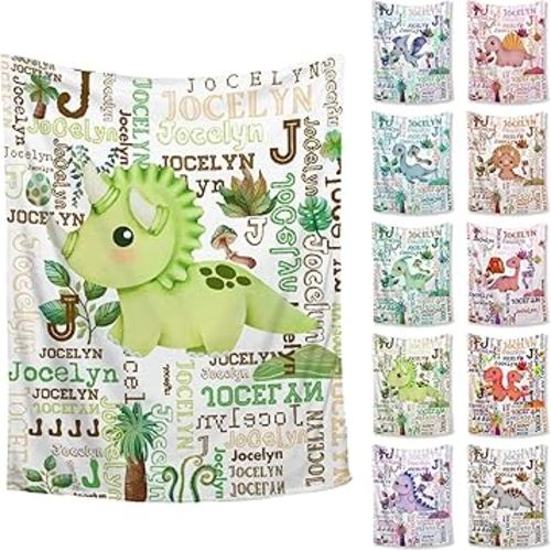 Personalized Baby Name Blanket Dinosaurs Gift for Baby Boys Girls Green Flannel Throw Blankets- 30X40 Inch for Baby Custom Kids Blanket Gifts for Toddler Nursery Birthday