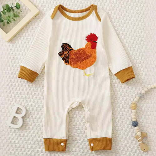 Luxalzxs Newborn Infant Baby Boy Girl Rooster Embroidery Onesie Fall Ribbed Knit Romper Farm Chicken Bodysuit Jumpsuit One Piece Winter Outfit 0-18 Months