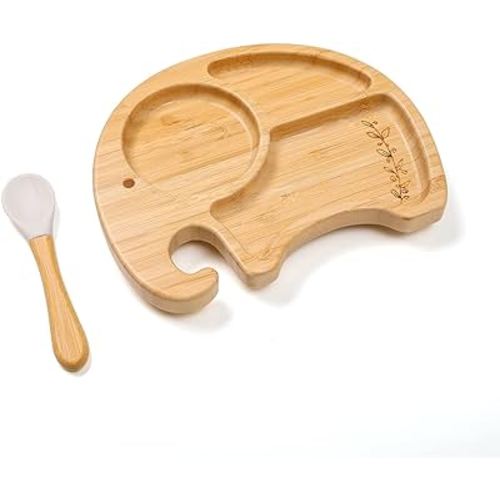 Mamimami Home Baby Bamboo Suction Plates Set with Spoons, Baby Food Dishes Feeding Set for Led Weaning Plate, Baby Utensils Set,White Elephant