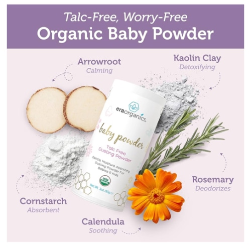 Era Organics Talc-Free Organic Baby Powder - USDA Organic Dusting Powder with Arrowroot, Calendula and Cornstarch for Newborns, Babies or Toddlers - Soothing, Fragrance Free, Made in USA (3oz/85g)