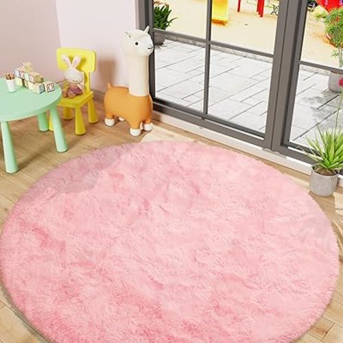 LOCHAS Luxury Round Fluffy Area Rugs for Bedroom Kids Girls Room Nursery, Super Soft Circle Rug, Cute Shaggy Carpet for Children Living Room, 5x5 Feet Pink