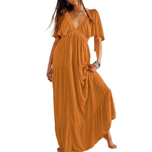 Kikibell Women Summer Dresses Sexy V-Neck Maxi Dress Tiered Silhouette with Flutter Sleeve Backless Elastic Waist Flowy Dress