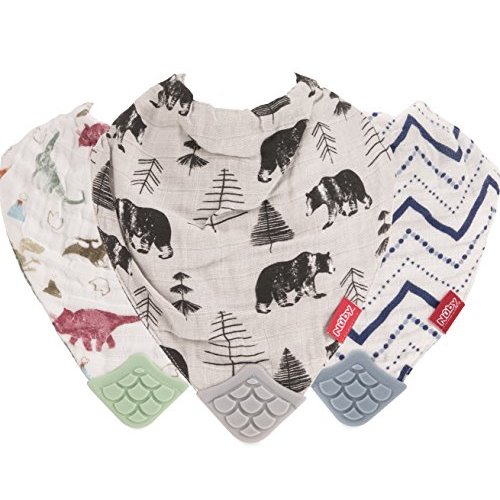 Nuby Reversible 100% Natural Cotton Muslin 3 Piece Teething Bib, Green/Grey/Blue, Dinosaur/Bear/Stripes