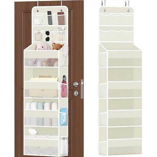 6-Tier Over The Door Organizer with Mesh Pockets, Baby Nursery Storage for Closet, Bathroom and Bedroom, Adjustable Hanging Closet Organizer for Cosmetics, Books and Essentials(Beige)