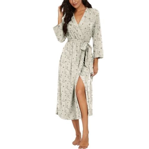 VINTATRE Women Kimono Robes Long Knit Bathrobe Lightweight Soft Knit Sleepwear V-neck Casual Ladies Loungewear