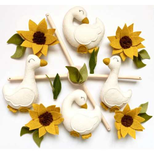 Goose baby mobile, Goose nursery decor, felt goose, goose mobile with sunflowers, nursery boho style, nursery duck decor