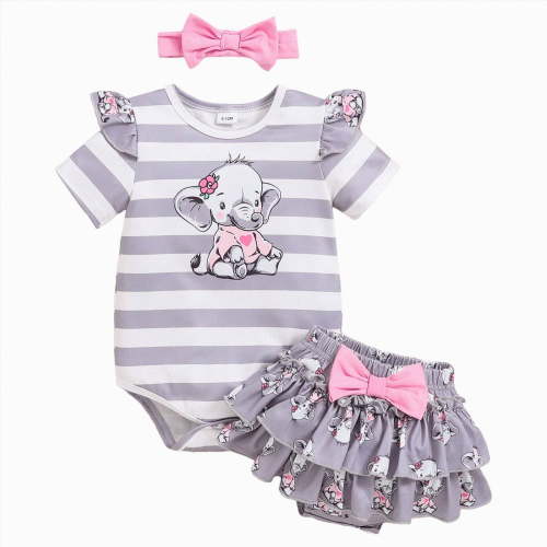 TOWED22 Baby Girl Clothes Newborn Summer Outfits Short Sleeve Romper Ruffle Bloomers Shorts with Headband(Grey,3-6 M)