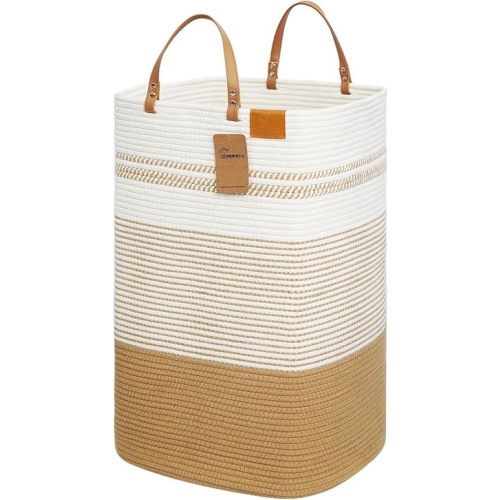 Large Laundry Hamper โ 75L Tall Woven Cotton Storage Basket with Leather Handles, Slim Dirty Clothes Hamper, Decorative Storage Basket for Blanket,Toys White & Jute
