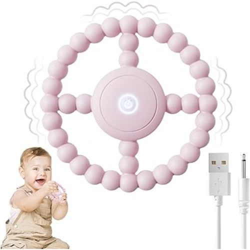 Vibrating Sensory Teething Toys, Soothing Chew Ring for Babies 6-18 Months, Autism Support & Oral Development, USB Rechargeable Teether for Toddlers, 1-2 Year Old Boys Girls Gifts idea (Pink)