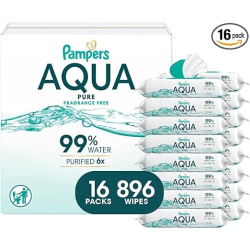 Pampers Aqua Pure Baby Wipes, 99% Water, Fragrance Free, 896 Baby Wipes Total (16X Flip-Top Packs) [Packaging May Vary]