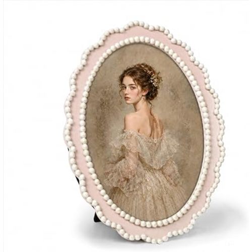 AELS 5x7 Pink Coquette Vintage Oval Picture Frame with Pearl Beaded Trim