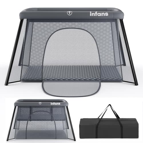 INFANS Travel Crib, Portable Baby Playpen with Removable Bassinet Soft Mattress Carry Bag, Foldable Lightweight Playard for Newborns Toddlers (Dark Gray)