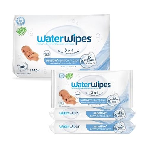 WaterWipes Sensitive+ Newborn & Baby Wipes, 3-In-1 Cleans, Cares, Protects, 99.9% Water, Unscented & Hypoallergenic, 720 Count (12 Packs)
