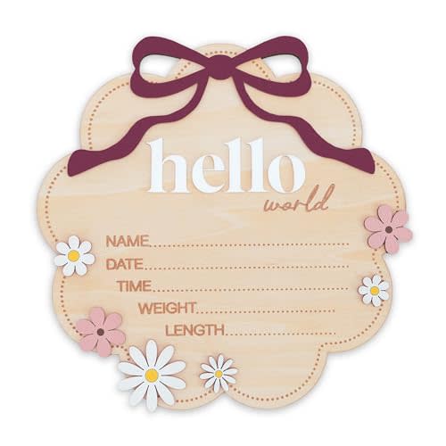 Hello World Wooden Baby Birth Announcement Sign with Pink Bow, Cloud Shape Floral Newborn Name Date Time Weight Length Board, Baby Girl Nursery Photo Prop (Berry)