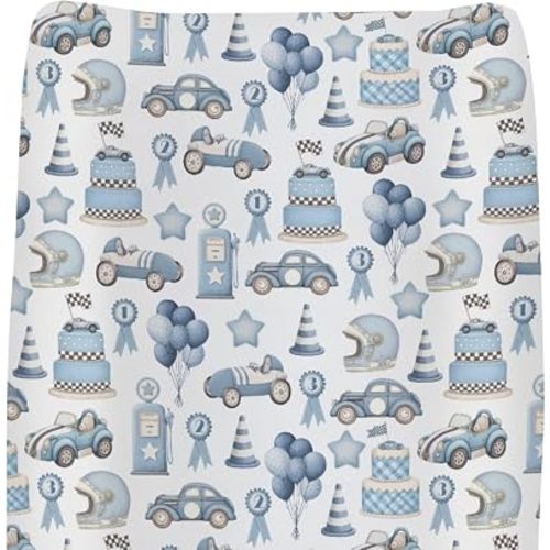Watercolor Blue Racing Baby Changing Pad Covers for Boys Girls Blue Racecar Balloon Stars Cake Fitted Changing Table Cover Mats Vintage Racing Car Soft Nursery Diaper Changing Pad Sheets 32''×16''