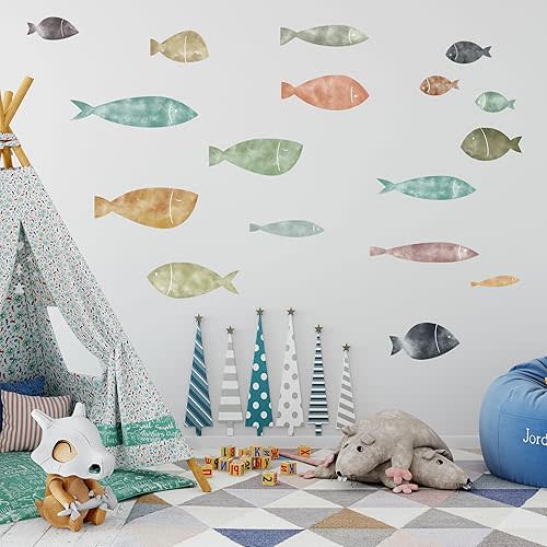 Boho Ocean Fish Wall Decals,Under The Sea Wall Decal Peel and Stick, Removable Vinyl Ocean Animal Art Stickers,for Kids Bedroom Playroom Nursery Classroom Bathroom, Blue Fish Decor