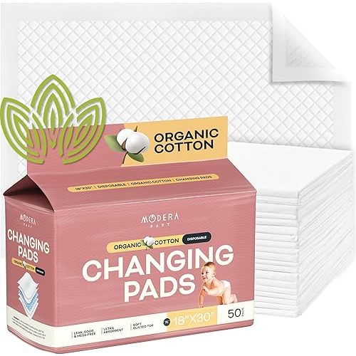 Organic Cotton Disposable Changing Pad Liners | XL-Large (30x18) Hypoallergenic Super Soft Ultra Absorbent & Waterproof Quilted Underpads for Baby Diaper Table & Travel, Leak Proof, Mess Free, 50-Pack