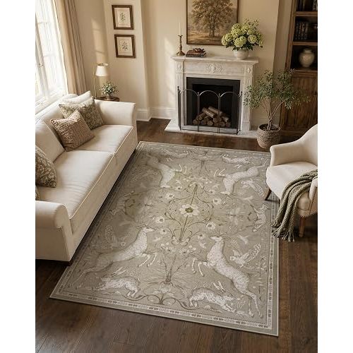 Lahome 5x7 Washable Area Rug for Living Room, Woodland Deer Boho Animal Rug, Vintage Botanical Brown Non-Slip Low Pile LargeCarpet for Bedroom Dining Room Nursery Farmhouse Decor