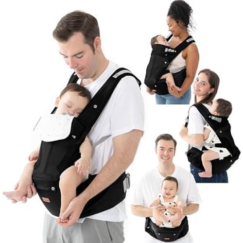 BabbleRoo 6-in-1 Baby Carrier with Hip Seat, Ergonomic Newborn to Toddler Carrier 7–50 lbs, Front Back Hip Carry, Lumbar Support, Sun Hood, Safety-Certified, Black