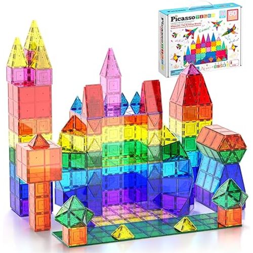 PicassoTiles 60 Piece Magnetic Tiles Clear 3D Building Blocks STEM Ages 3+