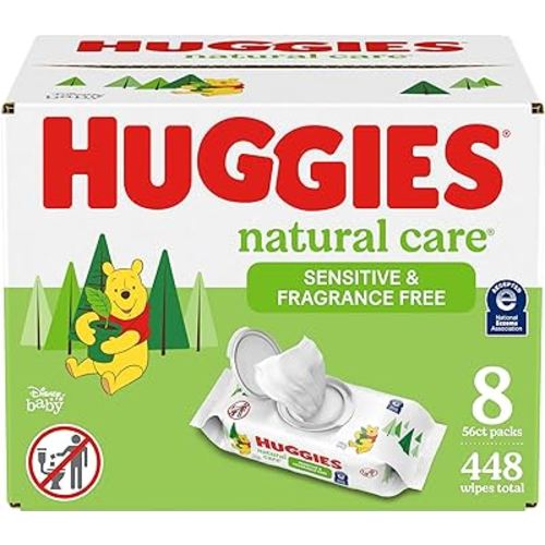Huggies Natural Care Sensitive Baby Wipes, Unscented, Hypoallergenic, 99% Purified Water, 8 Flip-Top Packs (448 Wipes Total)