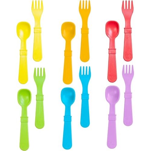 Re-Play Toddler Forks and Spoons Set - 6x6 Utensils Set for Kids - Dishwasher and Microwave Safe - Made in USA - Set of 12-5.8" x 1.2" x 0.2" - Crayon Box