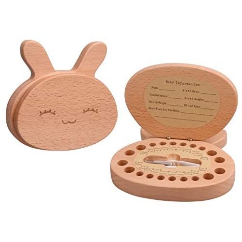 AhfuLife Baby Tooth Keepsake Fairy Box Holder with Lanugo Bottle, Wooden Rabbit Shape Keepsake Box for First Lost Teeth, Cute Tooth Storage Holder Organizer, Baby Shower Gifts for Newborn, Boy & Girl
