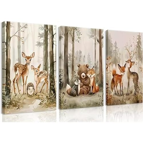 3Pcs Woodland Animal Nursery Canvas wall art Wild Animals Forest Paintings Pictures Wall Decor Fox Bear Deer Watercolor Poster Printing Artwork for Boys Room Girls Room Home Decoration 12x16 Canvas