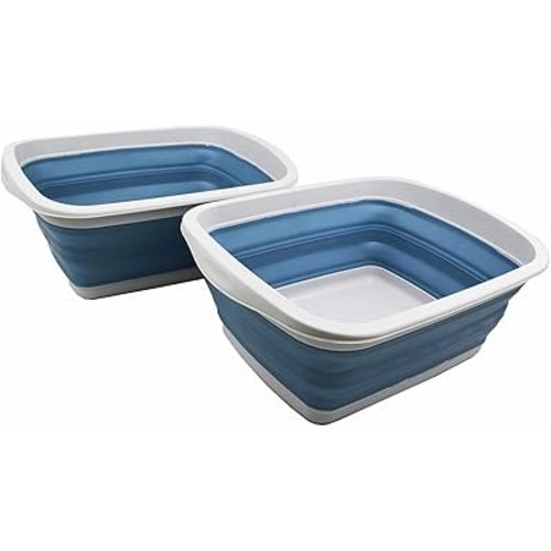 SAMMART 10L (2.6 gallons) Collapsible Plastic Washing Tub-Foldable Tub-Portable Washing Basin/Washtub-Space Saving Outdoor Pop up (Grey/Steel Blue (Set of 2))