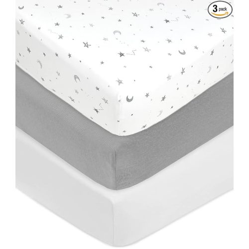 American Baby Company 3 Pack 100% Natural Cotton Fitted Crib Sheets 52" x 28" - Soft, Breathable, Hypoallergenic & Gentle Toddler Bed Sheets, Gray Stars/Gray/White, Neutral for Boys & Girls
