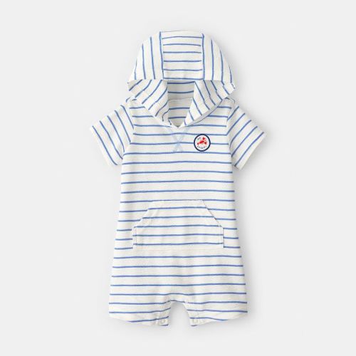 Baby Boy Carter's 'Oh Snap!' Lobster Stripe Short-Sleeve Hooded Romper