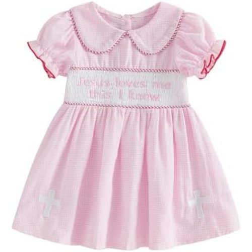 KMBANGI Toddler Baby Girl Christian Outfit Jesus Loves Me Dress Puff Sleeve Smocked Dresses Princess Collared Baptism Clothes