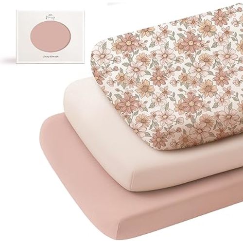 Konssy 3 Pack Stretchy Bassinet Sheets for Baby Girl Boy, Soft Breathable Baby Bassinet Mattress Sheets Fit for Hourglass Oval Cradle, Moses Basket Rectangle Mattress (Vintage Petals)