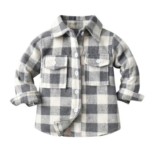 IBTOM CASTLE Toddler Kids Boys Girls Flannel Plaid Shirt Jacket Long Sleeve Lapel Button Down Pocketed Shirts Regular Fit Casual Fall Winter Coat 18-24 Months Gray