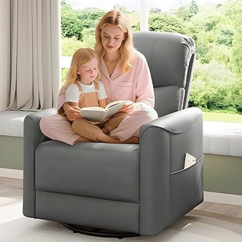 Power Swivel Rocker Recliner, 360° Swivel Nursery Rocking Chair, PU Leather Glider Rocking Recliner, Infinite Position Electric Chair for Adults with USB Port for Living Room, Dark Gray