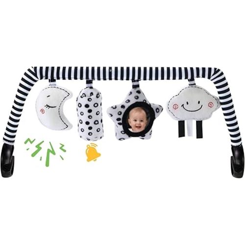 Baby Bouncer Toy Bar Soft with 4 Hanging Sensory Toys Attachment, Compatible with Baby Bjorn Bouncer, with Mirror, Rattle, Crinkle Sound for Babies All Ages (Black and White Shapes)