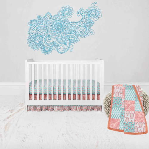 Bacati - Paisley Sophia 3-Piece Crib Bedding Set - Coral/Aqua Girls