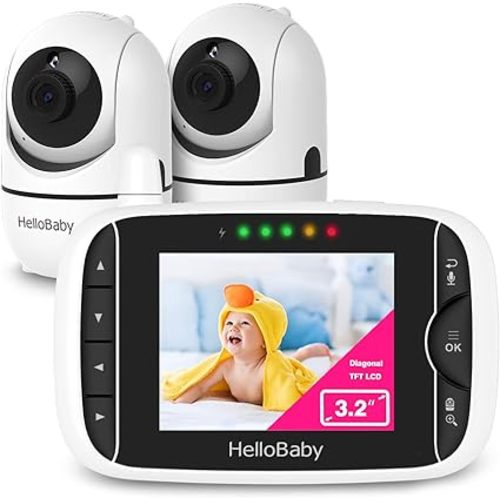 HelloBaby Video Baby Monitor with 2 Cameras and Audio. Baby Monitor with Remote Pan/Tilt/Zoom, VOX Mode, Night Vision, 2-Way Talk, 8 Lullabies - HB65-2