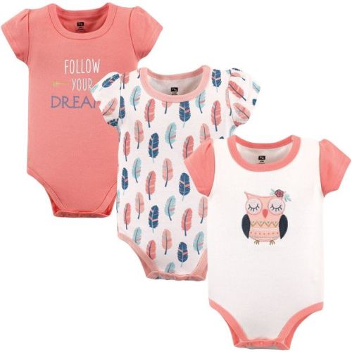 Hudson Baby Infant Girl Cotton Bodysuits 3pk, Boho Owl, 0-3 Months