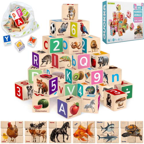 QUOKKA Montessori Wooden Blocks for Toddlers 1-3 - Realistic ABC Learning Baby Blocks for Kids 3-5 Year Olds - Stacking Alphabet Wood Toys
