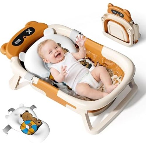 Collapsible Baby Bathtub for Newborn to Toddler (0-18 Months) - Foldable Baby Bath Tub with Soft Towel, Newborn& Infant Bathtub for Travel and Outdoor, Brown