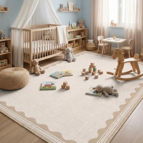 8x10FT Washable Area Rug Scalloped Contemporary Non Slip Low Pile for Bedroom Playroom Dining, Beige