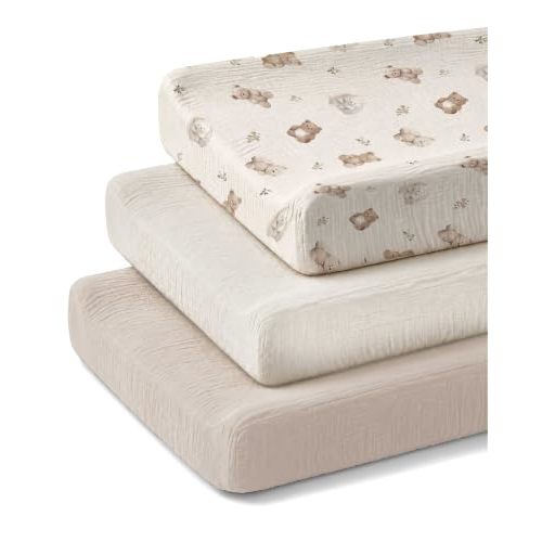 Changing Pad Covers 3 Pack, 32"x16" Muslin Baby Changing Table Pad Covers | Soft Breathable Muslin, Fits Standard Changing Table Pads, Neutral Boho Nursery Style for Baby Boys and Girls (Teddy)