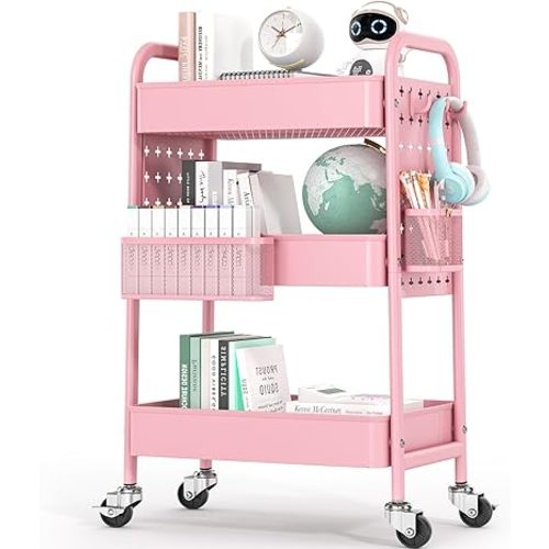 TOOLF Metal Rolling Storage Cart, 3-Tier Utility Mobile Cart with DIY Pegboards, Serving Trolley Cart with Baskets Hooks, for Kitchen, Bathroom, Office, Home, Classroom (Pure Pink)