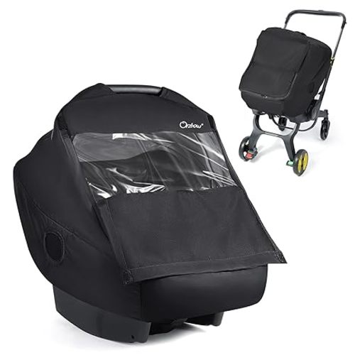 Winter Baby Carseat Cover with Clear Peep Window, Universal Car Seat Rain Cover with Zipper Door and Side Ventilation, All-Round Snow, Wind & Rain Canopy Waterproof Cover, Machine Washable, Black