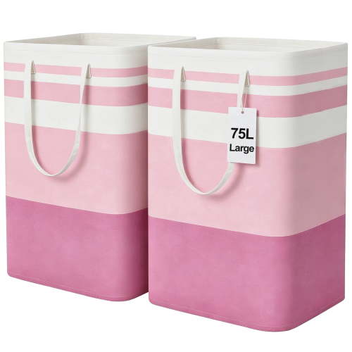 TIJITY 2 Pack Freestanding Laundry Basket, Waterproof & Large Laundry Hamper, Collapsible Clothes Hamper with Reinforced Handles for Family and Dorm, Bathroom, Pink, 75L
